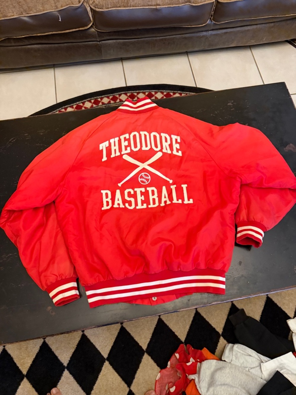 Vintage Men's Faded Red Varsity Bomber Jacket with Striped Trim